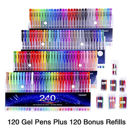 Gel Pens,Tanmit Gel Pens Set, 120 Colored Gel Pen plus 120 Refills for Adults Coloring Books, Drawing, Art Projects (No Duplicates)