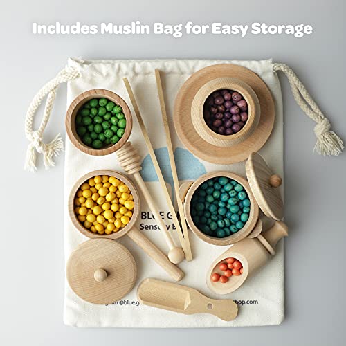 BLUE GINKGO Sensory Bin Tools - Montessori Fine Motor Skills Learning Waldorf Toys for Toddlers and Kids Pretend Play - 9 Piece Kitchen Wooden Set - BLUE GINKGO