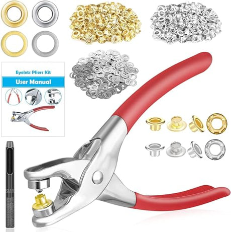 803Pcs Grommet Pliers Kit, 1/4 Inch 6mm Tool with 800 Metal Eyelets with Washers in Gold and Silver, Portable Grommet Hand Press kit for PAXCOO