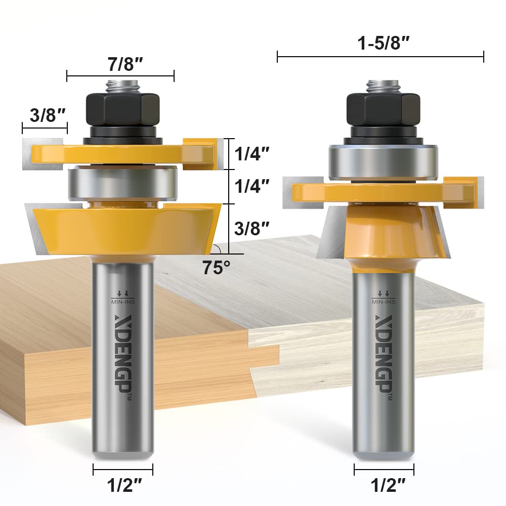 XDENGP 2PCS Shaker Style Rail and Stile Router Bits Set 1/2 Inch Shank, 3/8 Inch Cutting Depth, Up to 7/8 Inch Stock, Kitchen Cabinet Door Frame XDENGP