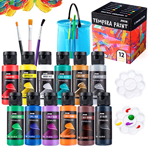 JOYIN 12PCS Washable Kids Tempera Paint Set (2 oz Each), Liquid Paint with 6 Brushes, 2 Palette & 1 Stretchable Washing Bucket , Non-Toxic Kids Paint - WoodArtSupply