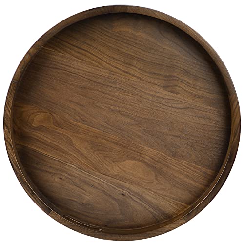 KINGCRAFT 20 x 20 inches Large Round Ottoman Table Tray Wooden Solid Serving Tray with Handle Black Walnut Circle Platter Decorative Tray for - WoodArtSupply