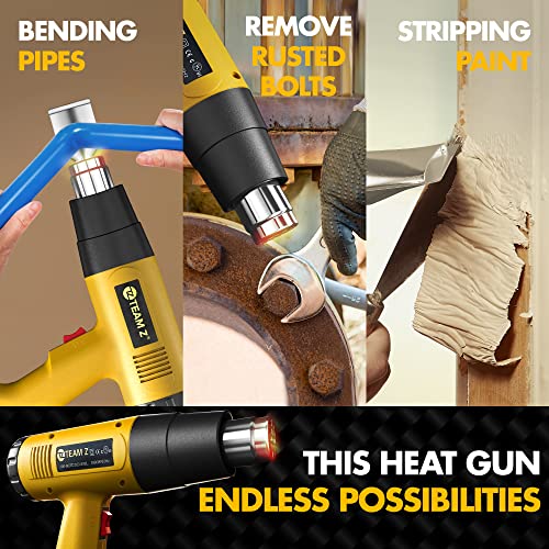 Team Z 1800W Heat Gun Kit 212°F to 1112°F(Only °F)- Fast Heating Heavy Duty Hot Air Gun, LCD Display, Overload Protection with 4 Nozzles for Shrink Wrap, Soften Paint, Bend Plastic Pipes and More