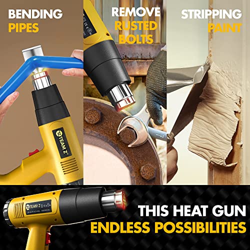 Team Z 1800W Heat Gun Kit 212°F to 1112°F(Only °F)- Fast Heating Heavy Duty Hot Air Gun, LCD Display, Overload Protection with 4 Nozzles for Shrink TEAM Z