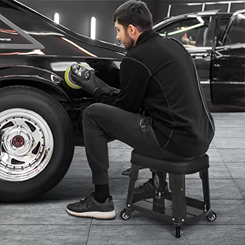 M-AUTO Heavy Duty Garage Rolling Work Seat 300LBS Capacity Mechanics Stool with Wheels, Rolling Work Seat with Equipment Tray and Tool Rack, M-AUTO