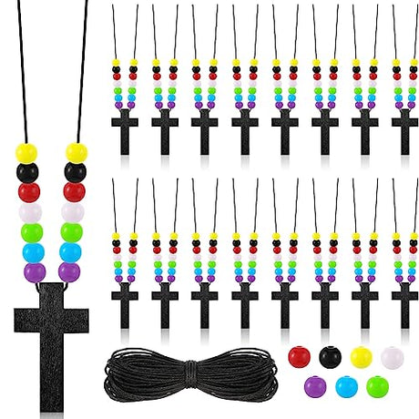 Kathfly DIY Wood Cross on Cord Wood Cross Pendant Necklace DIY Walnut Cross Necklace with Colorful Assorted Beads for Crafts for Men Women Boy Girl Kathfly
