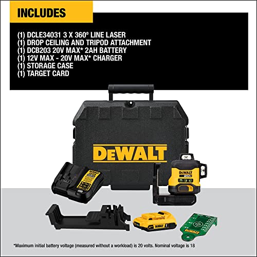 DEWALT 20V MAX Laser Level Kit, Cross Line Laser, 3x360, Green (DCLE34031D1) DEWALT