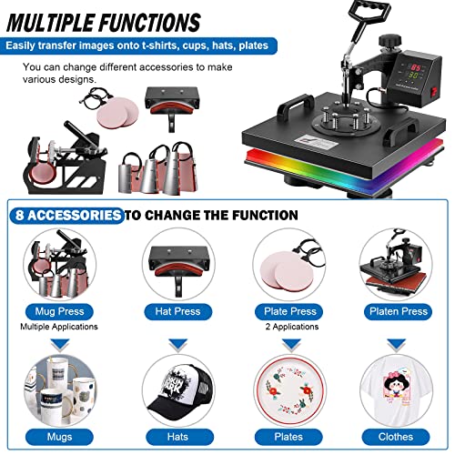 Topdeep Heat Press 15x15 Inch 8 in 1 Heat Press Machine, Swing Away T Shirt Pressing Machine Digital Control, Multifunction Heat Press Transfer Topdeep