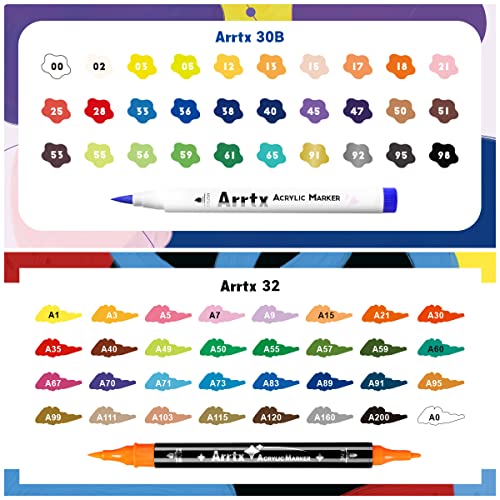 Arrtx Acrylic Paint Pens 62PCS, Water Based Acrylic Markers, Paint Markers for Rock Painting, Dual Tip Brush Tip Acrylic Painting Supplies for Fabric Arrtx