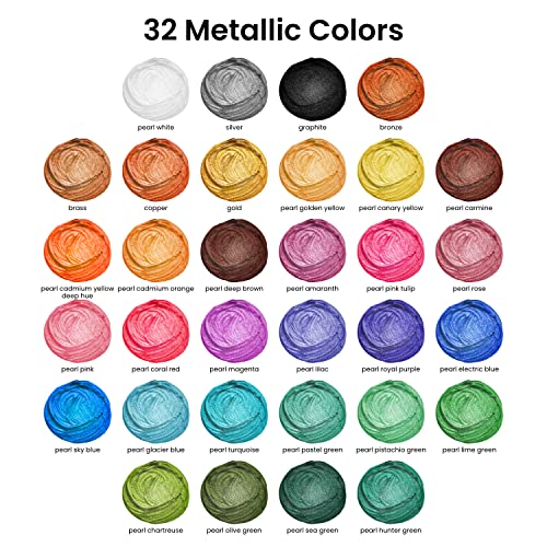 Chalkola Metallic Acrylic Paint Set for Artists, Adults & Kids - 32 Metallic Paint Tubes (22ml) (incl Gold, Silver), 10 Painting Brushes, 1 Knife, 1 - WoodArtSupply