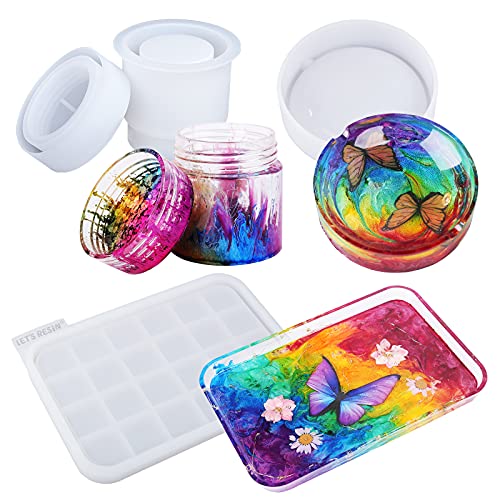 LET'S RESIN Resin Mold Silicone Kit with Resin Rolling Tray Mold, Ashtray Resin Jar Mold with Lid for Casting Resin,Epoxy Resin,DIY Storage Container LET'S RESIN