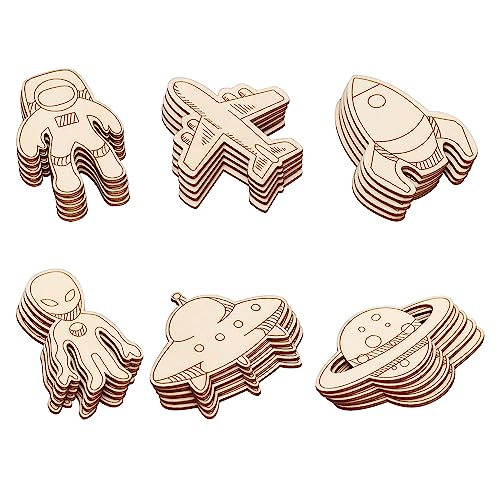 32 Pack Wood Outer Space Cutouts Wooden Planet Rocket Hanging Ornaments DIY Outer Space Craft Gift Tags for Home Party Decoration Craft Project