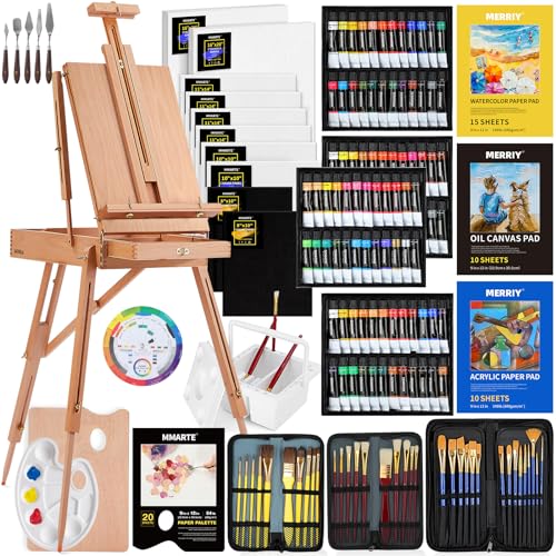 155-Piece All-in-One Artist Painting Kit with French Easel, 48 Colors Acrylic Paints, 24 Colors Oil Paints, 24 Colors Watercolor Paints, Professional - WoodArtSupply