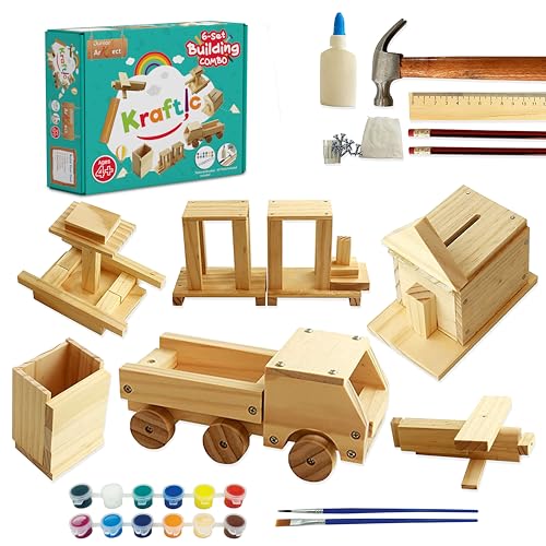 Kraftic Woodworking Building Kit for Kids and Adults, with 6 Educational Arts and Crafts DIY Carpentry Construction Wood Model Kit Toy Projects for Kraftic