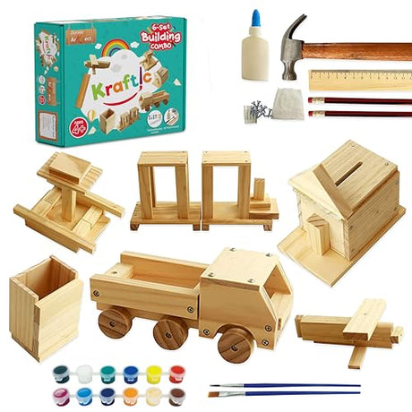 Kraftic Woodworking Building Kit for Kids and Adults, with 6 Educational Arts and Crafts DIY Carpentry Construction Wood Model Kit Toy Projects for Kraftic