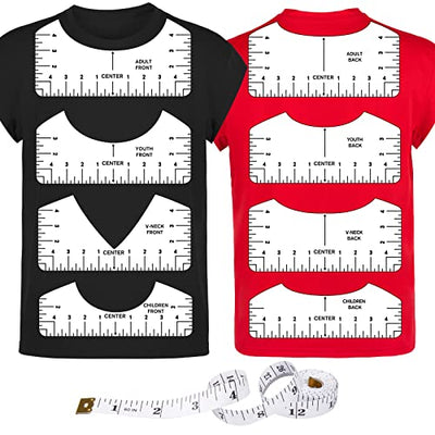 9Pcs Tshirt-Ruler Guide to Center Vinyl, Transparent V-Neck/Round PVC Ruler for Alignment, Heat Press, Children Youth Adult, Front and Back