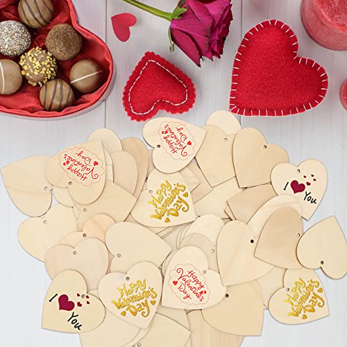 Lucleag 60 Pieces Valentines Wooden Heart Slices, Unfinished Wooden Heart for Crafts, Predrilled DIY Wooden Heart Cutouts with Natural Twine for