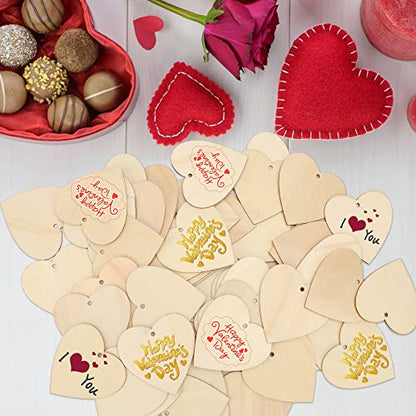 Lucleag 60 Pieces Valentines Wooden Heart Slices, Unfinished Wooden Heart for Crafts, Predrilled DIY Wooden Heart Cutouts with Natural Twine for