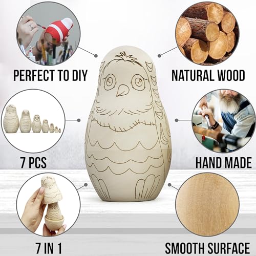 AEVVV Owl Craft Blank Russian Nesting Dolls Set 7 pcs - Unfinished Wood Crafts Paint Your Own Matryoshka Owl Figurines - Blank Owl Nesting Dolls AEVVV