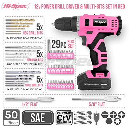 Hi-Spec 50 Piece 12V Pink Drill Driver & Multi Bit Set. High Speed Cordless & Rechargeable Electric Power Screwdriver & Drill for Household DIY. - WoodArtSupply