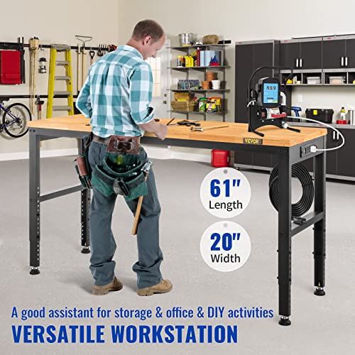 VEVOR 60" Adjustable Workbench, Heavay Duty Workstation 2000 LBS Load Capacity, with Power Outlets & Rubber Wood Top & Metal Frame & Foot Pads, for VEVOR
