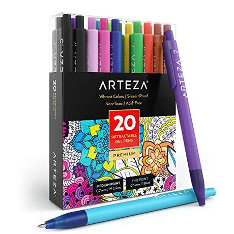 Arteza Retractable Gel Ink Pens, Set of 20 Assorted Colors, Fine Tip 0.7 mm, Art Supplies for Writing in a Notebook, Journal, Planner ARTEZA