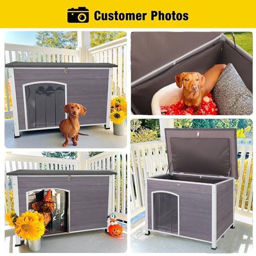 Insulated Wooden Dog Kennel Dog House with PVC Curtain and Removable Floor for Easy Cleaning (Large)