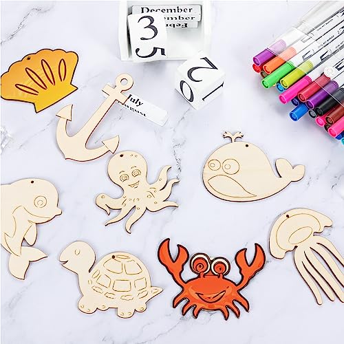 36Pcs Ocean Themed Party Hanging Ornaments Sea Tropical Wooden Slices Fish Animal Hanging Decor Fish Sea Turtle Crab Dolphin Octopus for Sea Party HooAMI