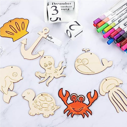 36Pcs Ocean Themed Party Hanging Ornaments Sea Tropical Wooden Slices Fish Animal Hanging Decor Fish Sea Turtle Crab Dolphin Octopus for Sea Party - WoodArtSupply