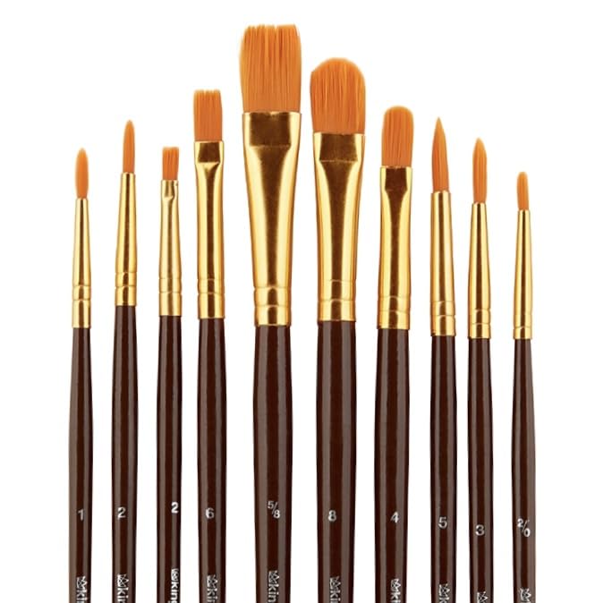 KINGART 250-10 Acrylic Art Paint Brush Set, 10 Round & Flat Brown Nylon Short Handle Brushes for Acrylic, Oil, and Watercolor, Rock Painting, Face KINGART