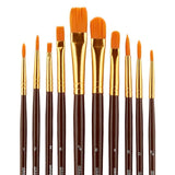 KINGART 250-10 Acrylic Art Paint Brush Set, 10 Round & Flat Brown Nylon Short Handle Brushes for Acrylic, Oil, and Watercolor, Rock Painting, Face KINGART
