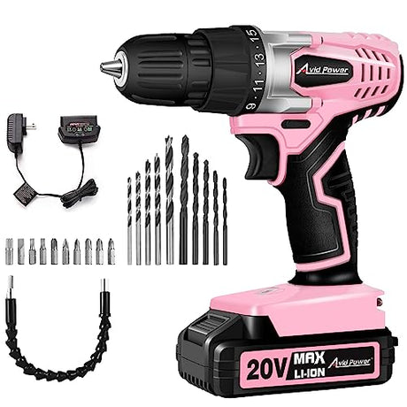 AVID POWER 20V MAX Lithium lon Cordless Drill Set, Power Drill Kit with Battery and Charger, 3/8-Inch Keyless Chuck, Variable Speed, 16 Position and AVID POWER