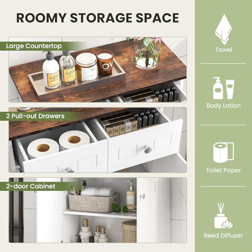 Tangkula Bathroom Storage Cabinet, Freestanding Floor Cabinet with 2 Drawers, 2 Doors, Adjustable Shelf, Wood Kitchen Pantry Cupboard for Bathroom