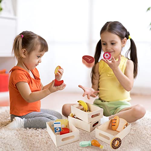 Food Groups - Wooden Play Food Sets, Pretend Play Kitchen Toys, Toy Food Accessories for Toddlers 1-3, Wood Play Fake Food for 1 2 3 Year Old Boys KMTJT
