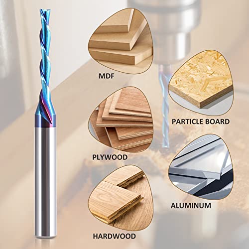 HQMaster Spiral Router Bits Down Cut 1/4 inch Shank Solid Carbide Nano Blue Coated Spiral Downcut CNC Bits End Mill for Wood Cut Carving Engraver HQMaster