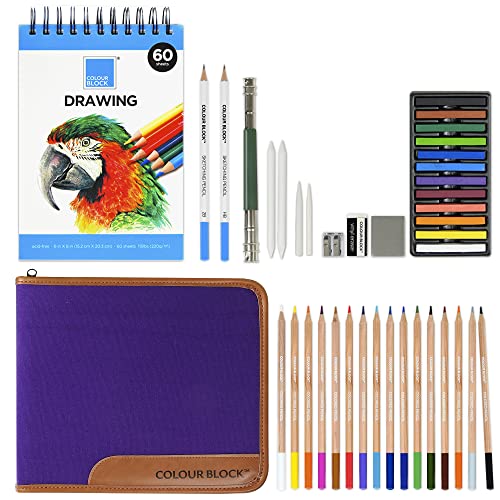 COLOUR BLOCK Drawing Travel Art Set - 60 sheets 6 x 8 Inches Drawing Pad,16 Drawing Colored Pencils Set, 12 Soft Pastels Set, 2 Sketching Pencils,