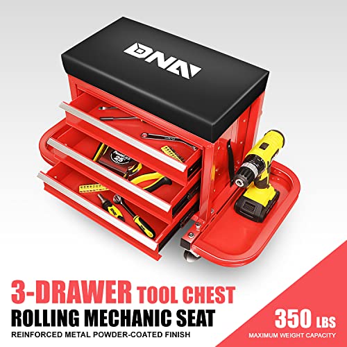 DNA MOTORING TOOLS-00261 3-Drawer Chest Rolling Mechanic Seat with Tool Trays,350lbs Max Weight Capacity,Red - WoodArtSupply