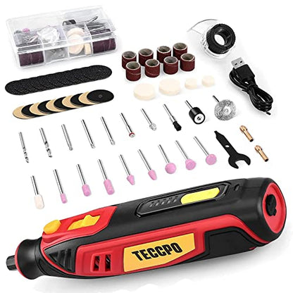 4V Cordless Rotary Tool, 5-Speed 25000RPM TECCPO Mini Power Rotary Tool with 53 Accessories, Rechargeable Rotary Tool for Grinding, Polishing, Wood