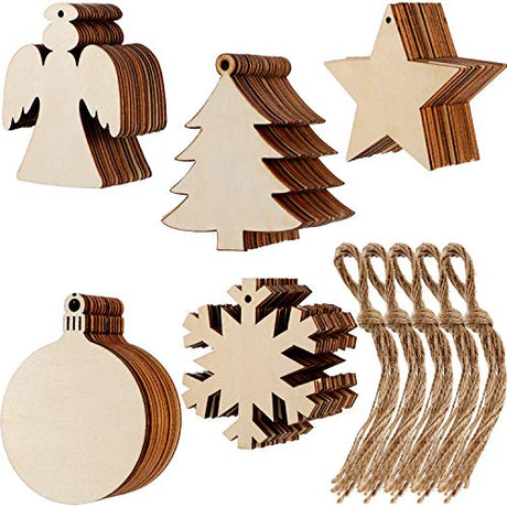 Tatuo 50 Pieces Christmas Wooden Ornaments Wood Snowflake Angel Star Christmas Tree Round Discs Decorations Hanging Embellishments with 50 Pieces Tatuo