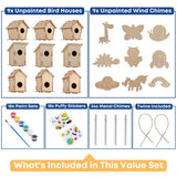 9 Wooden Birdhouses & 9 Wind Chimes -Art & Crafts for Kids Ages 4 5 6 7 8 - Kids Bulk Arts and Crafts Set with Painting Kit -DIY Wood Bird House and CRAFTY HAPPITOYS