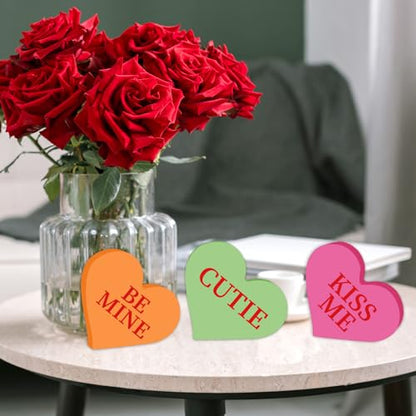 Whaline 6Pcs Valentine's Day Conversation Heart Table Wooden Sign Unfinished Love Heart Wood Slice Double-Sided Heart Tabletop Centerpiece for