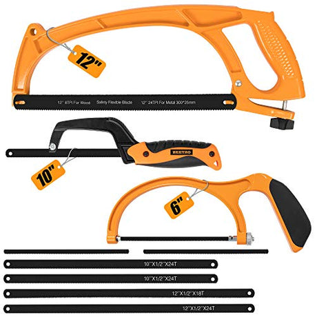 BEETRO Hacksaw Frame Set, 12’’ Hacksaw Frame, 6’’ Hacksaw Frame and 10'' Mini Hacksaw, Including Six Extra Blades, Handsaw for Metal, Wood, PVC Pipes BEETRO