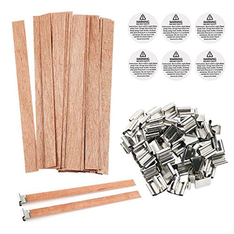 154Pcs Wood Candle Wicks, BENBO 5.1 X 0.5 Inch Smokeless Crackling Wooden Candle Wicks Natural Candle Wicks with Iron Stand Candle Warning Labels for BENBO