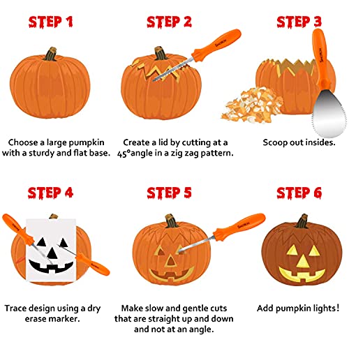 sinotron Pumpkin Carving Kit - 4 Easy Halloween Pumpkin Carving Tools Set with 10 Stencils Patterns, Professional Heavy Duty Pumpkin Carving Knife sinotron