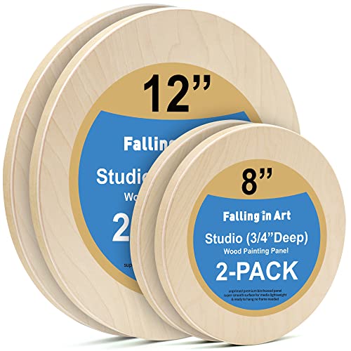 Unfinished Round Birch Wood Canvas Panels Kit, Falling in Art 4 Pack of 2 Sizes 8' and 12' Studio 3/4’’ Deep Cradle Boards for Pouring Art, Crafts,