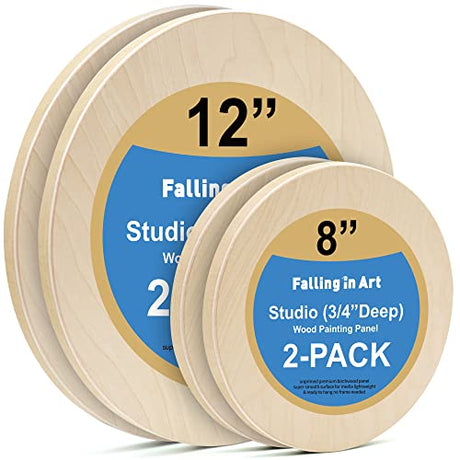 Unfinished Round Birch Wood Canvas Panels Kit, Falling in Art 4 Pack of 2 Sizes 8' and 12' Studio 3/4’’ Deep Cradle Boards for Pouring Art, Crafts, Falling in Art