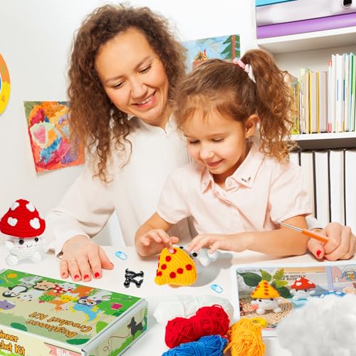 BWkoss Beginner Crochet Kit, Cute Mushroom Crochet Starter Kit for Adults Kids DIY Craft Complete Material Pack with Step-by-Step Instruction and BWkoss