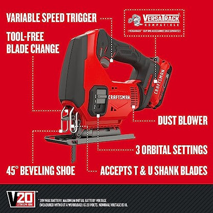 CRAFTSMAN V20 Cordless Jig Saw Kit, 3 Orbital Settings, Up to 2,500 SPM, Battery and Charger Included (CMCS600D1)