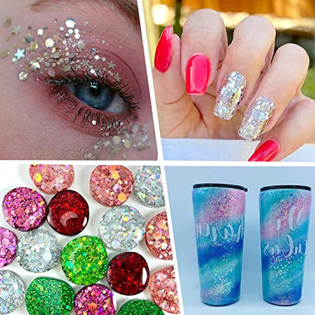 Holographic Chunky Glitter, Set of 36 Colors Craft Glitter Sparkle Sequins, Cosmetic Glitter Flake for Epoxy Resin, Body, Face, Eye, Nail Arts, Slime LICOOL GLITTER
