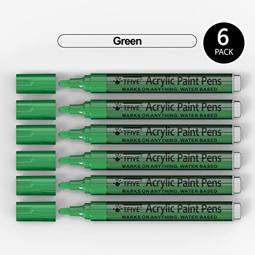 Green Acrylic Paint Marker Pens - 2-3mm Medium Tip, 6 Pack Permanent Green Water Based Paint Pen for DIY Projects, Paintings for Rock, Fabric, Wood,